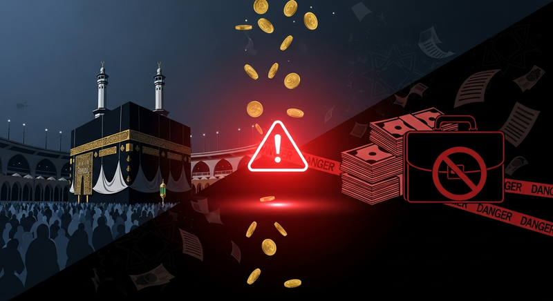 Ilustrasi korupsi kuota haji dengan siluet Kabah dan tumpukan uang, menggambarkan 5 modus skandal haji Kemenag 2024