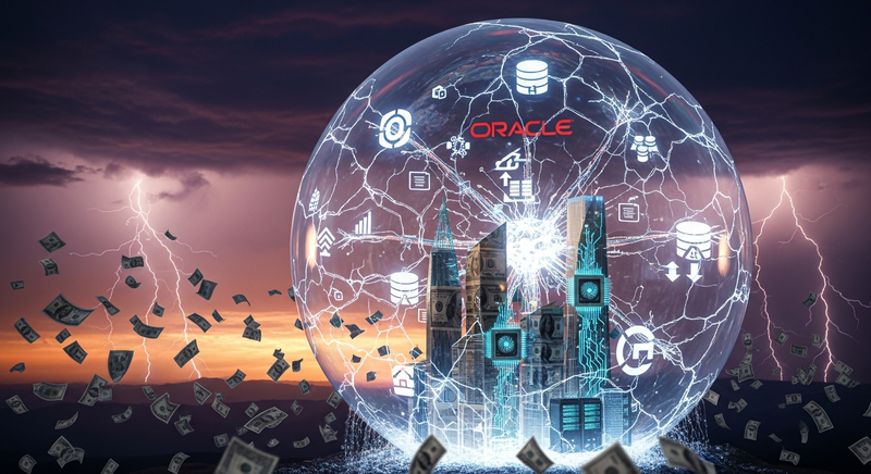 Ilustrasi gelembung AI Oracle yang retak berisi simbol finansial dan pusat data, menggambarkan risiko kredit dan ancaman bubble AI