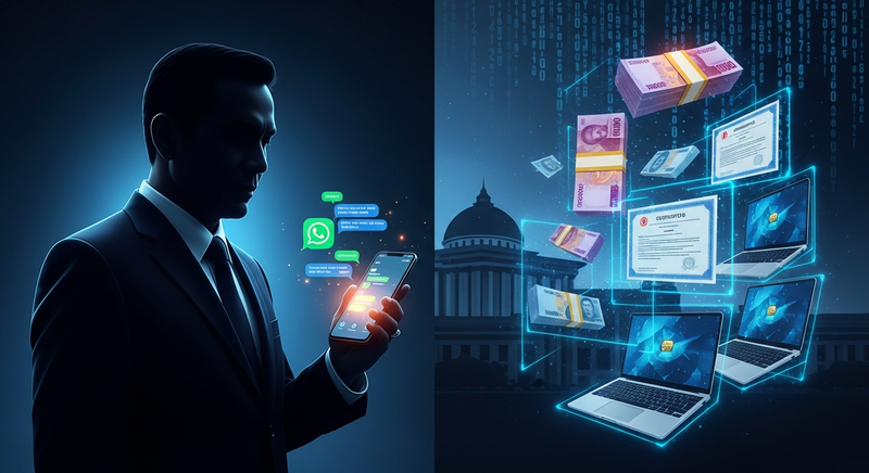 Ilustrasi analisis kasus korupsi Chromebook Nadiem Makarim menampilkan elemen laptop, saham, dan korupsi digital dalam komposisi editorial dramatis