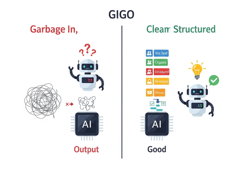 Perbandingan input buruk vs input berkualitas dalam prompt AI - konsep Garbage In Garbage Out