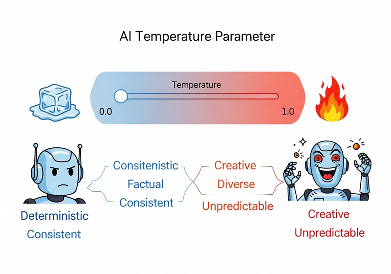 Visualisasi parameter Temperature AI: dari deterministik (0.0) hingga kreatif (1.0)
