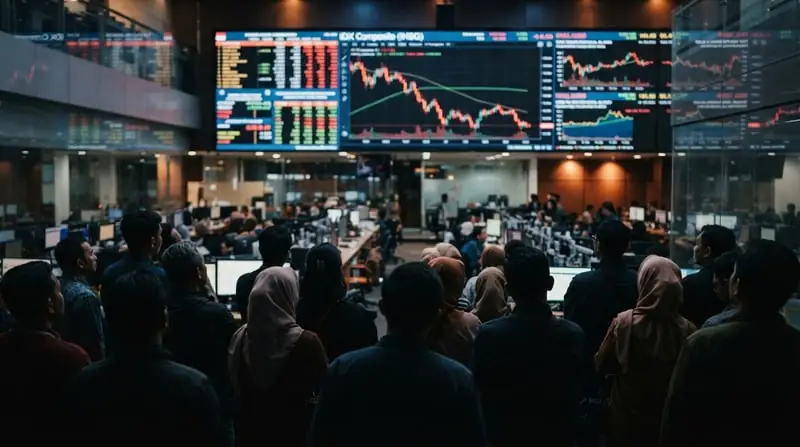 Suasana lantai bursa di Jakarta dengan layar menampilkan grafik menurun, sementara kerumunan investor ritel dari belakang memperhatikan dengan penuh kehati-hatian.
