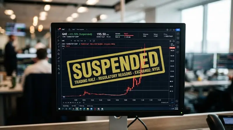 Tampilan layar grafik saham yang menanjak tajam namun terhenti oleh tanda peringatan suspensi sebagai simbol risiko investasi.