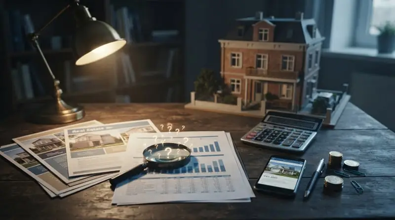 Ilustrasi meja kerja dengan brosur properti, kalkulator, dan model kos-kosan di bawah cahaya lampu, menggambarkan audit sumber klaim investasi kos.