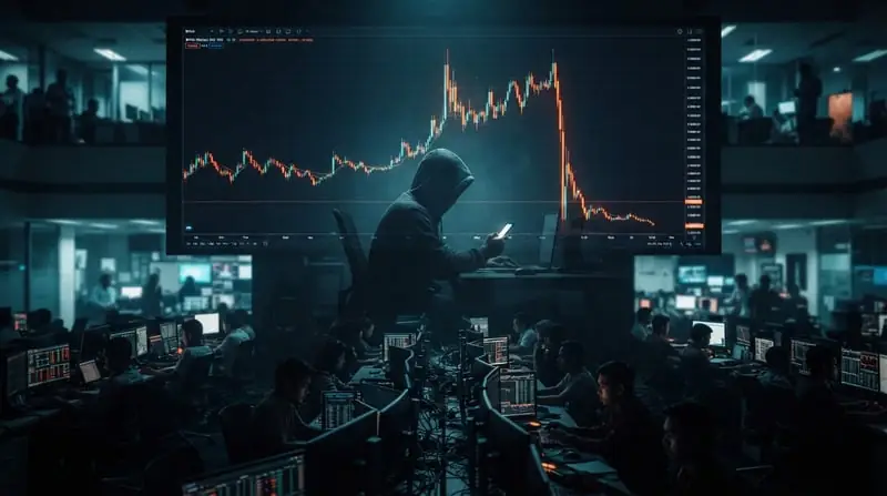 Suasana lantai bursa dengan layar besar menampilkan grafik saham BYAN yang melonjak dan anjlok, disertai siluet sosok misterius memegang ponsel, menggambarkan pola anomali dan potensi perdagangan orang dalam.