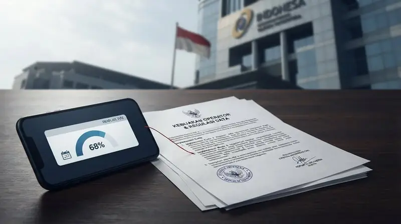 Ponsel dengan indikator sisa kuota di samping dokumen regulasi resmi dan gedung operator di latar belakang, menggambarkan ujian kepatuhan perlindungan kuota internet.