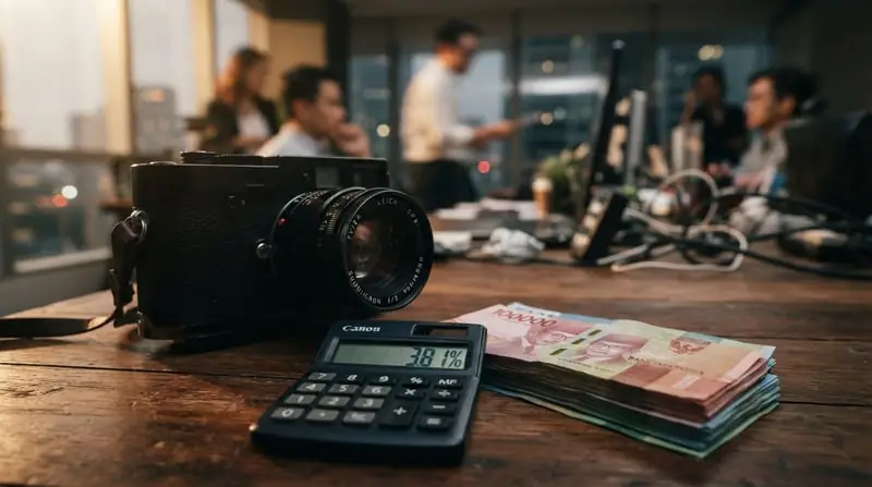 Ilustrasi konseptual berupa lensa kamera yang mengarah ke kalkulator dengan angka yield 3,81% di atas tumpukan uang Rupiah, melambangkan yield riil sebagai estimasi sesaat.