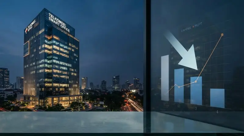 Gedung perkantoran modern di senja hari dengan grafik keuangan yang menunjukkan penurunan pendapatan dan kenaikan laba, mencerminkan analisis finansial yang hati-hati.