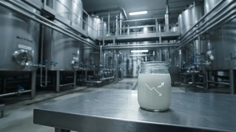 Thumbnail menunjukkan interior pabrik pengolahan susu modern dengan tangki stainless steel, di latar depan ada gelas berisi susu dengan refleksi simbol panah turun dan naik, menggambarkan penjualan turun namun laba naik.
