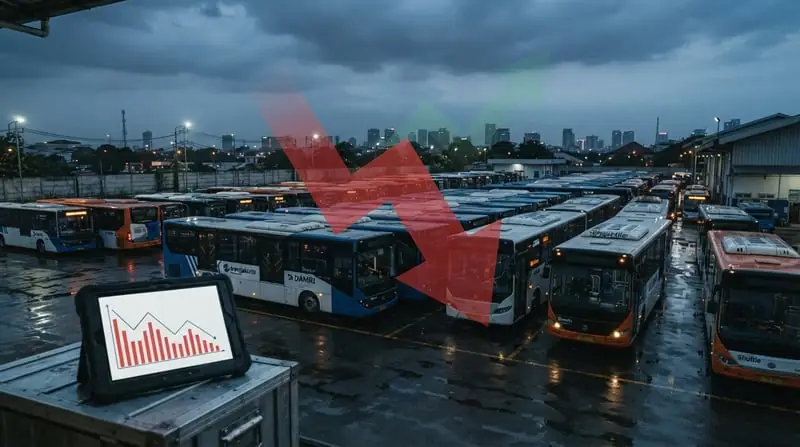 Foto editorial armada bus dan shuttle non-taksi di depo saat senja, dengan panah merah menurun yang melambangkan laba yang menyusut.