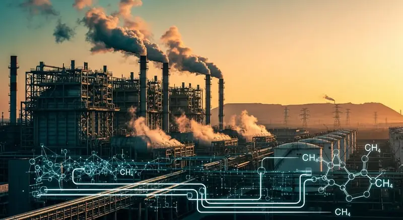 Fasilitas konversi batu bara ke gas sintetis di China saat golden hour, dengan overlay digital molekul CH4 dan diagram aliran pipa, menggambarkan strategi coal-to-gas China sebagai instrumen ketahanan energi nasional.