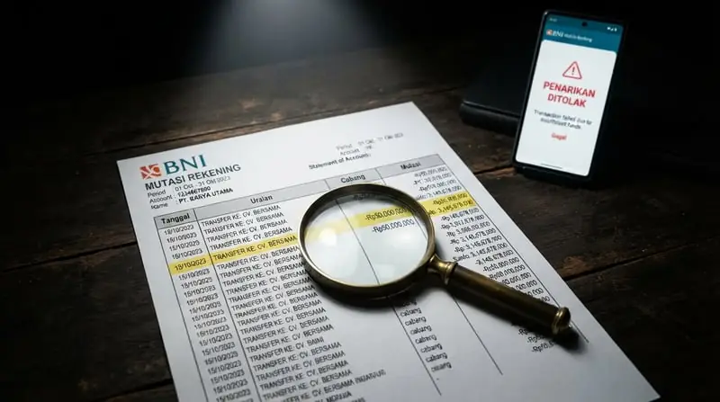 dokumen mutasi rekening BNI disorot kaca pembesar, dengan latar ponsel menampilkan notifikasi penarikan ditolak, menggambarkan sengketa bukti antara seller dan platform.
