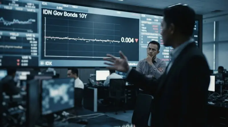 Seorang analis keuangan menunjuk layar besar yang menampilkan grafik yield obligasi yang hampir datar, dengan angka 0,004 dan panah merah kecil, dalam suasana ruang trading yang tenang.