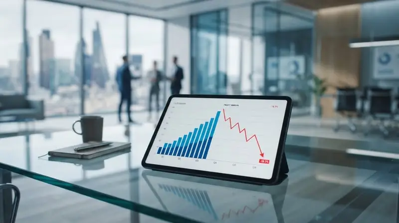 Visualisasi data keuangan berupa grafik batang yang naik dan garis tren laba yang menurun di atas meja kantor sebagai ilustrasi kinerja keuangan perusahaan.