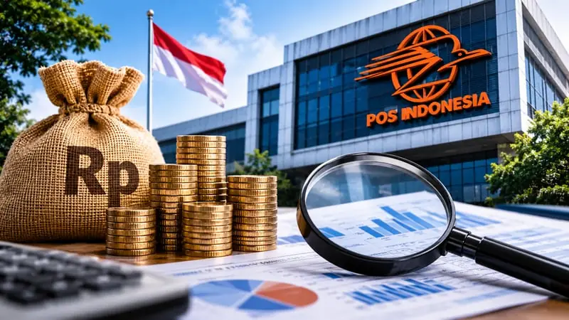 Gedung POS Indonesia dengan koin emas dan kaca pembesar fokus pada laporan keuangan