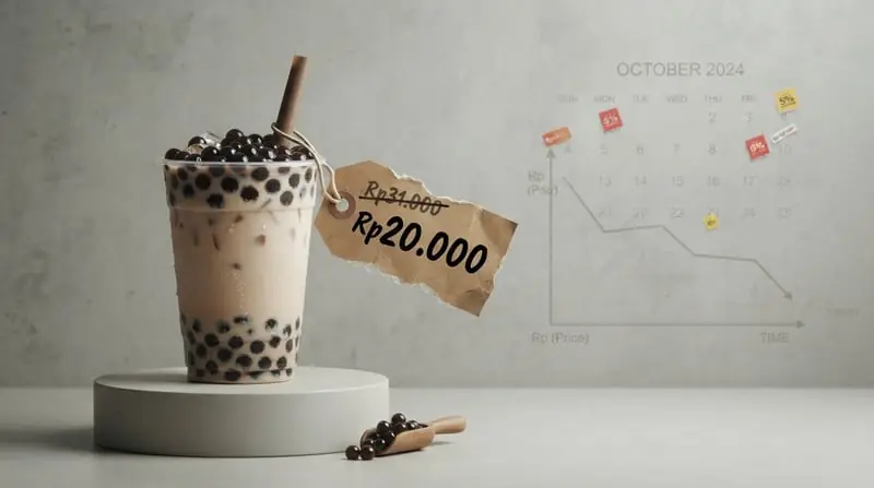 Thumbnail menampilkan gelas bubble tea besar dengan label harga Rp20.000 menutupi harga asli Rp31.000, latar kalender promo dan grafik menurun, gaya editorial finansial.
