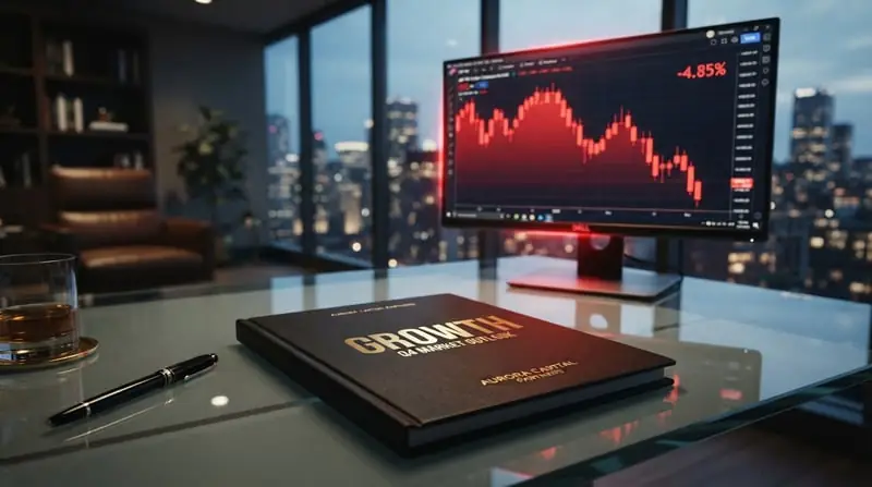 Ilustrasi finansial yang menampilkan grafik saham menurun tajam di samping dokumen riset bertuliskan 'Growth', menggambarkan kontras antara kinerja keuangan yang merugi dengan label saham pertumbuhan.