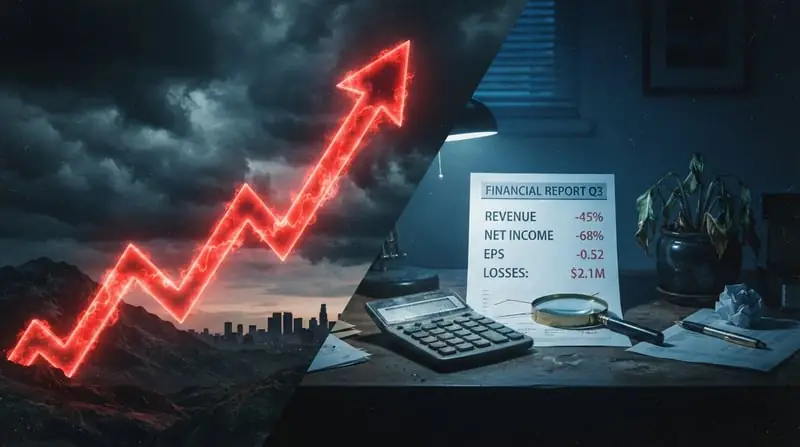 Thumbnail editorial yang menggambarkan kontras antara grafik saham yang melonjak tajam dengan laporan keuangan yang memburuk, menyoroti ketidaksesuaian harga dan kinerja.