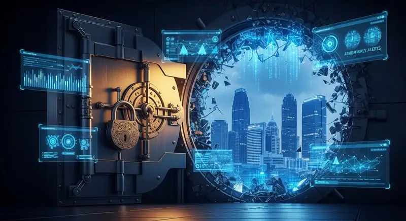 Pintu brankas bank besar dengan gembok tua di bagian depan, sementara sisi belakang telah jebol membentuk lubang melingkar yang memperlihatkan gedung-gedung pencakar langit kota di baliknya