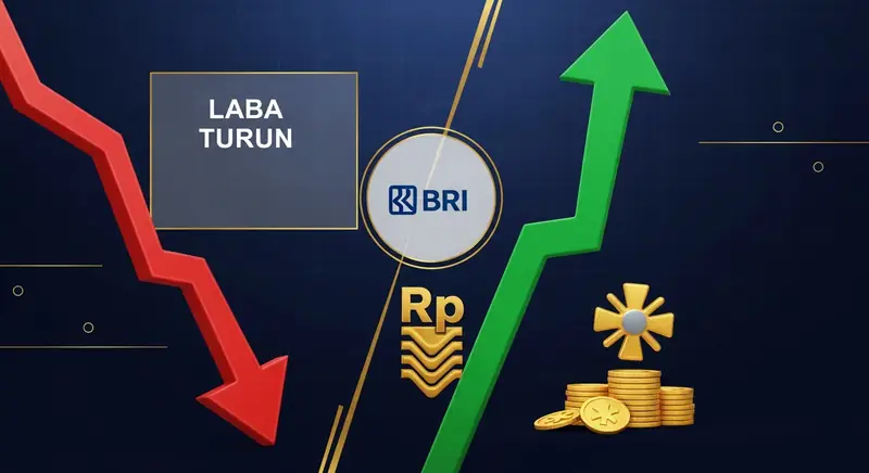 Infografis thumbnail artikel analisis saham BBRI 2025: panah merah ke bawah melambangkan penurunan laba bersih Rp57,13 triliun.